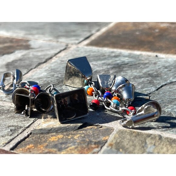 Vtg 1960's Silver Tone Bell Dangle Earrings With Multi Colored Beads 2 Mini Bell - Picture 3 of 4